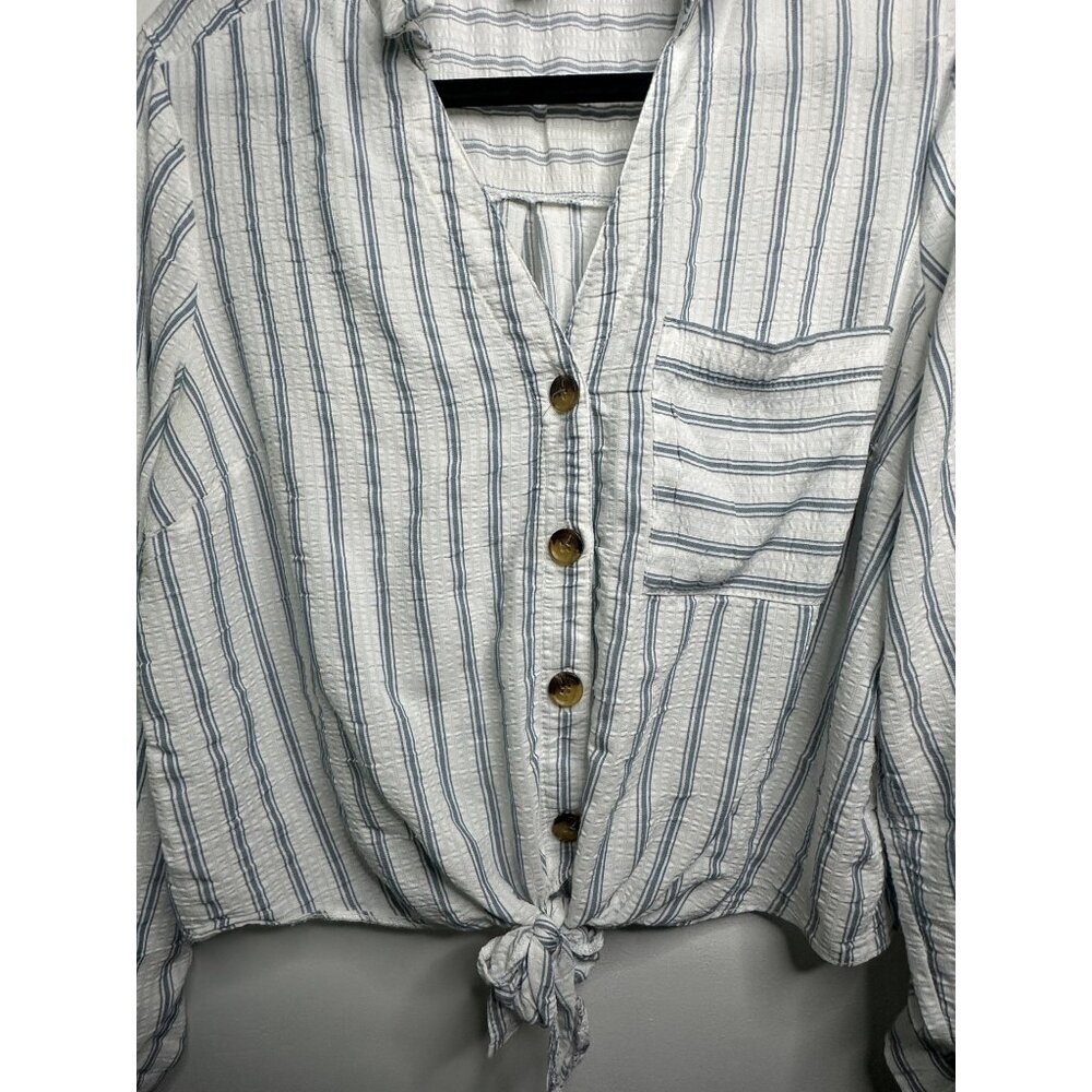 Primark Women’s Size 12 Linen Blend Blouse Striped Tie Front Coastal Lightcore - Picture 3 of 5